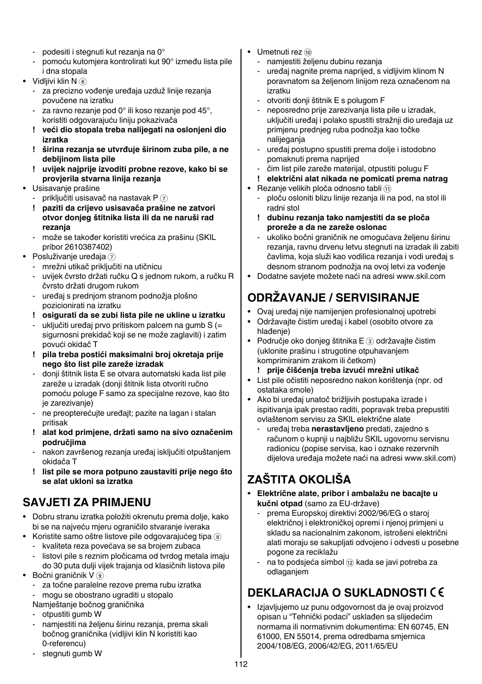 Savjeti za primjenu, Održavanje / servisiranje, Zaštita okoliša | Deklaracija o sukladnosti | Skil 5265 AA User Manual | Page 112 / 160