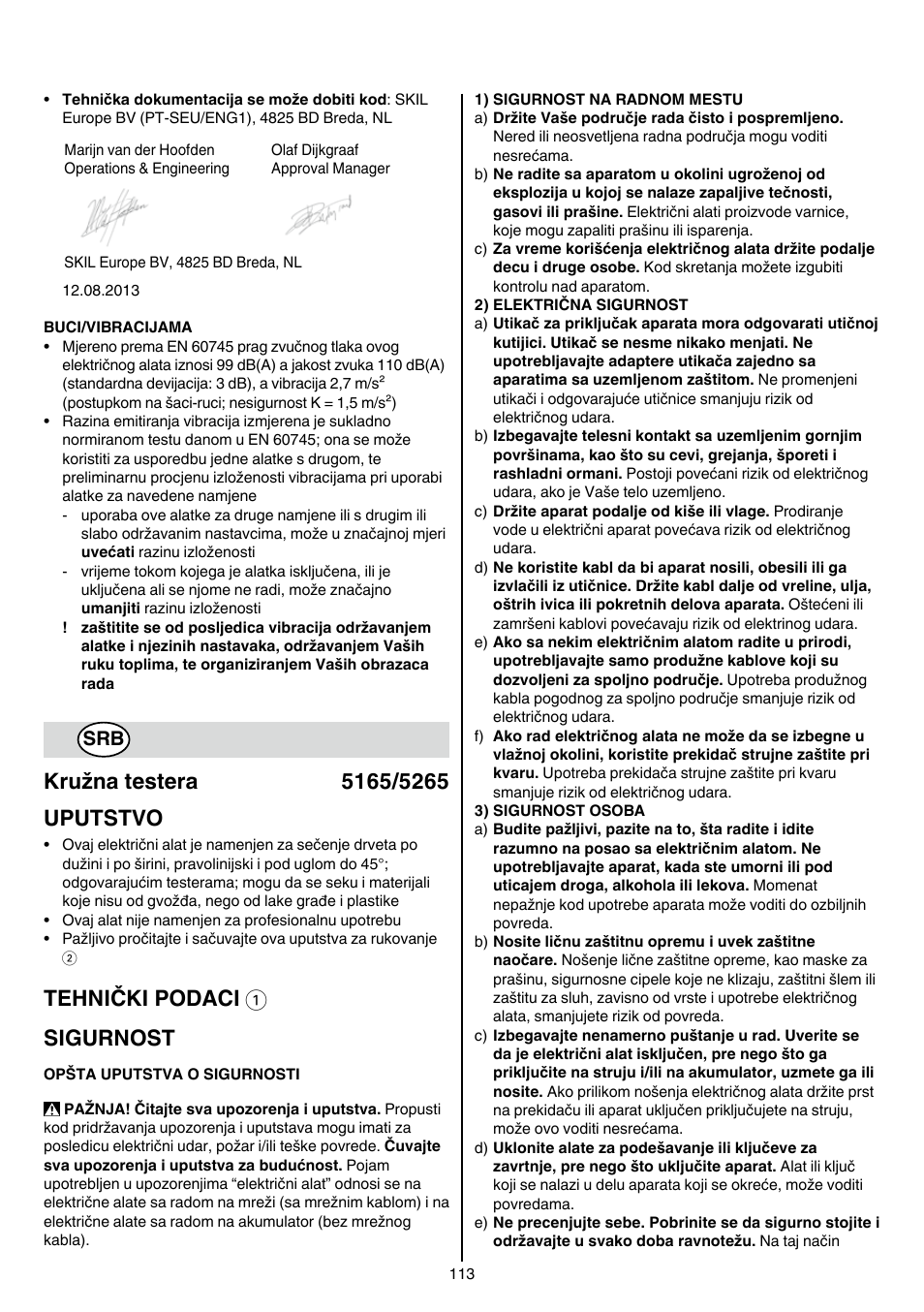 Tehnički podaci 1 sigurnost | Skil 5265 AA User Manual | Page 113 / 160
