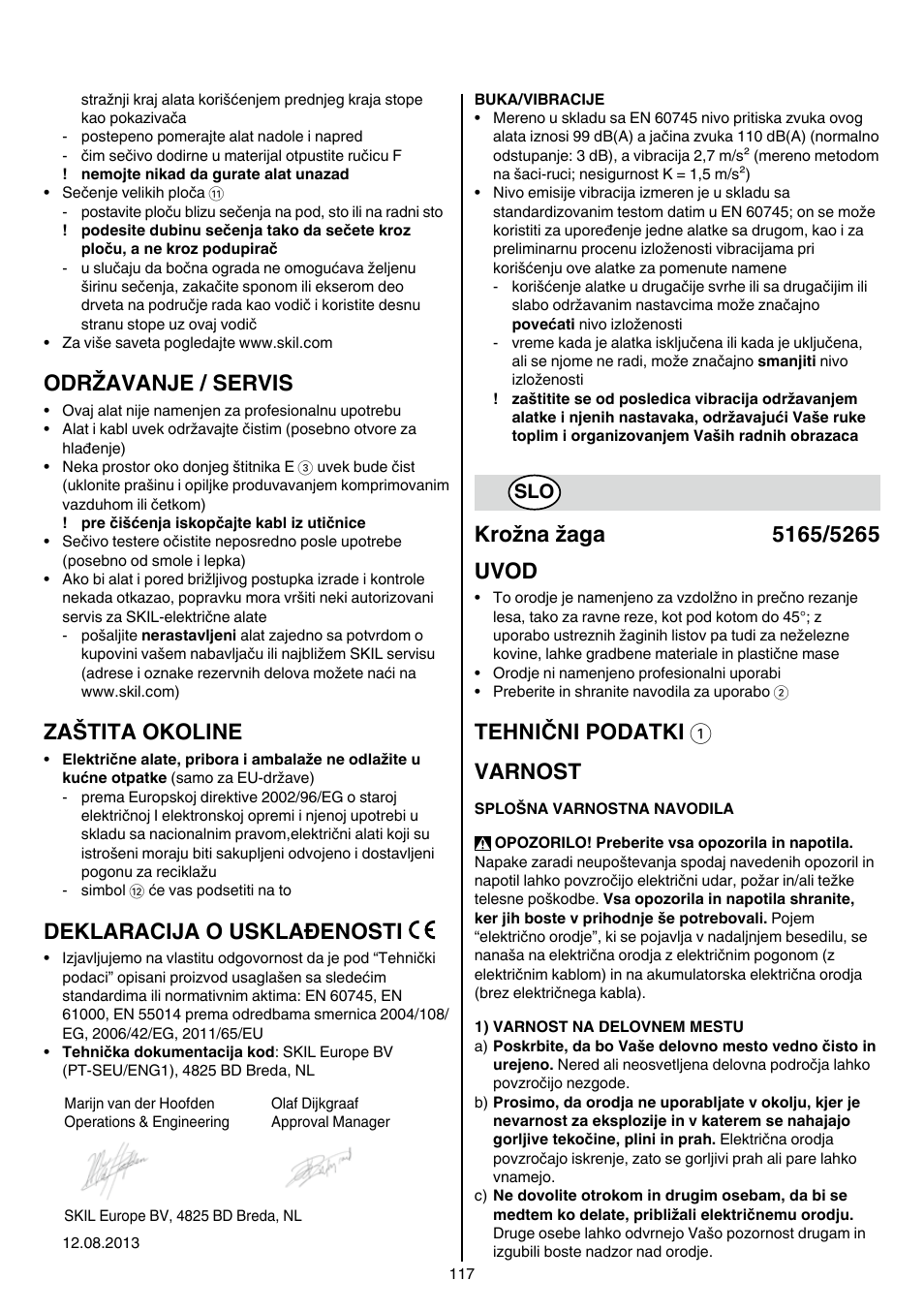 Održavanje / servis, Zaštita okoline, Deklaracija o usklađenosti | Tehnični podatki 1 varnost | Skil 5265 AA User Manual | Page 117 / 160