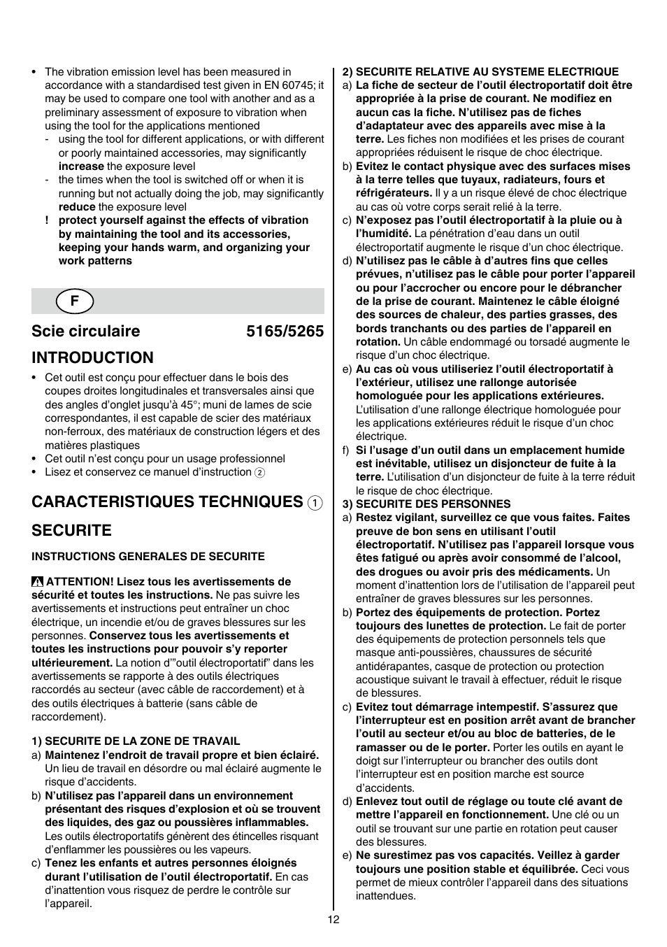 Caracteristiques techniques 1 securite | Skil 5265 AA User Manual | Page 12 / 160