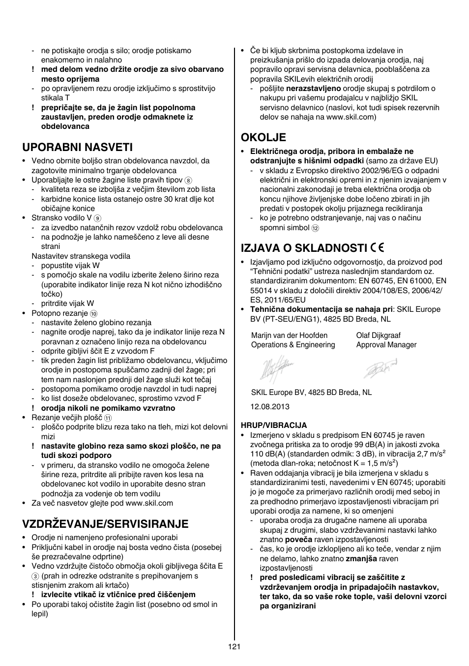 Uporabni nasveti, Vzdrževanje/servisiranje, Okolje | Izjava o skladnosti | Skil 5265 AA User Manual | Page 121 / 160