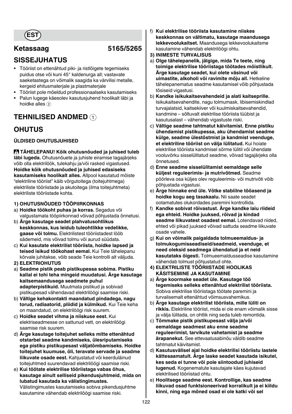 Tehnilised andmed 1 ohutus | Skil 5265 AA User Manual | Page 122 / 160