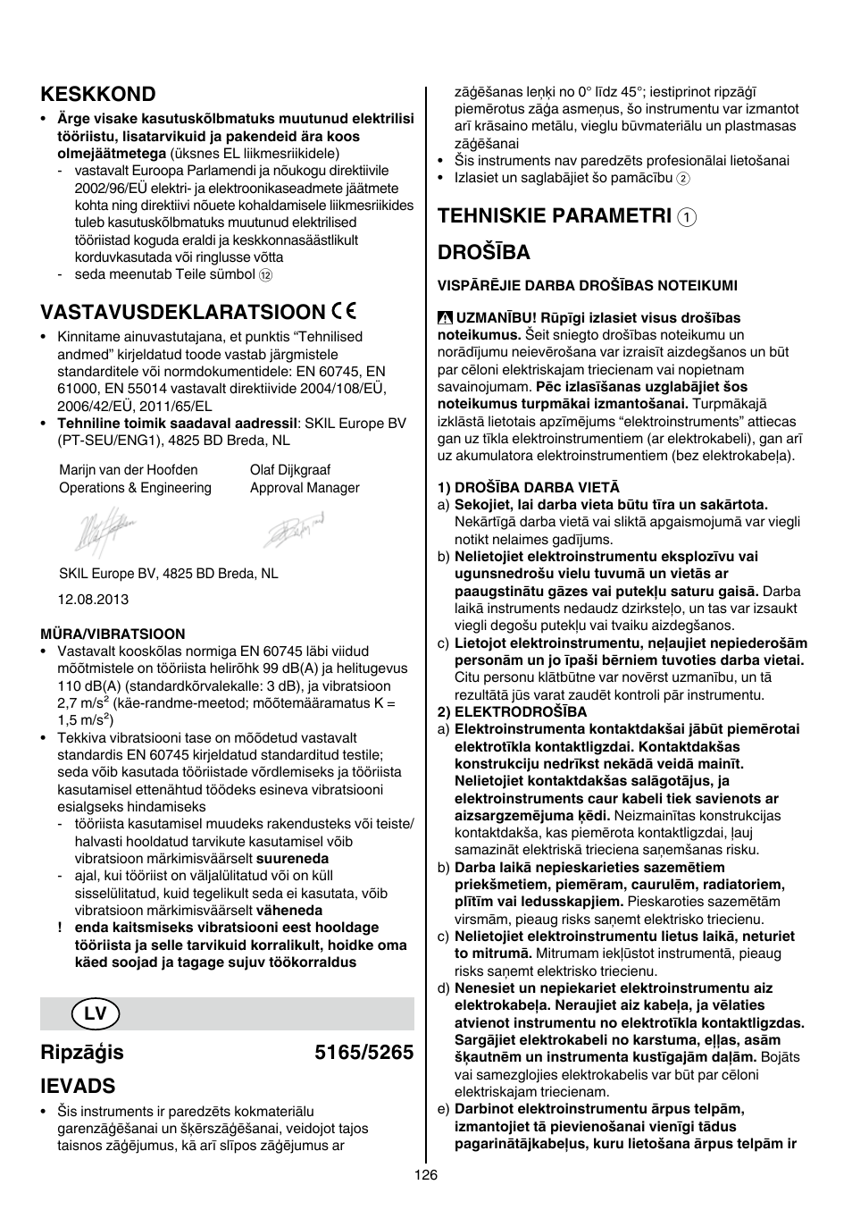 Keskkond, Vastavusdeklaratsioon, Tehniskie parametri 1 drošība | Skil 5265 AA User Manual | Page 126 / 160