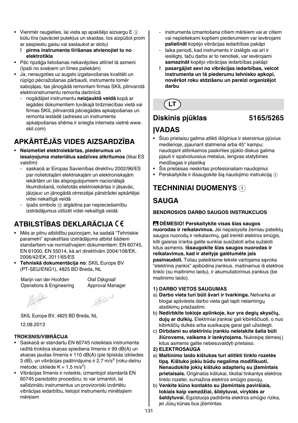 Apkārtējās vides aizsardzība, Atbilstības deklarācija, Techniniai duomenys 1 sauga | Skil 5265 AA User Manual | Page 131 / 160