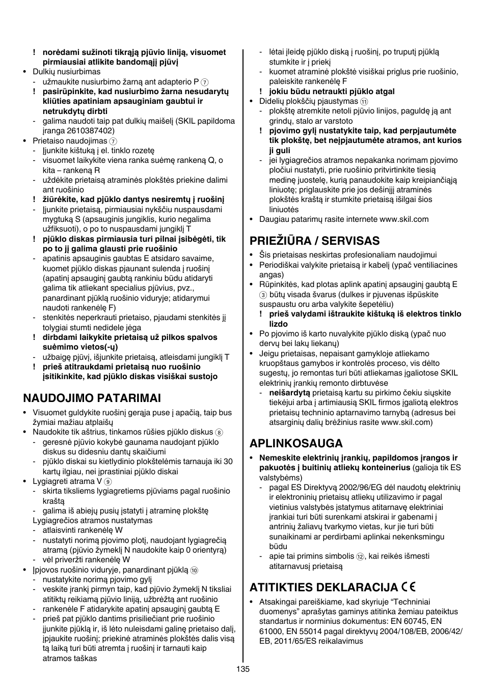 Naudojimo patarimai, Priežiūra / servisas, Aplinkosauga | Atitikties deklaracija | Skil 5265 AA User Manual | Page 135 / 160