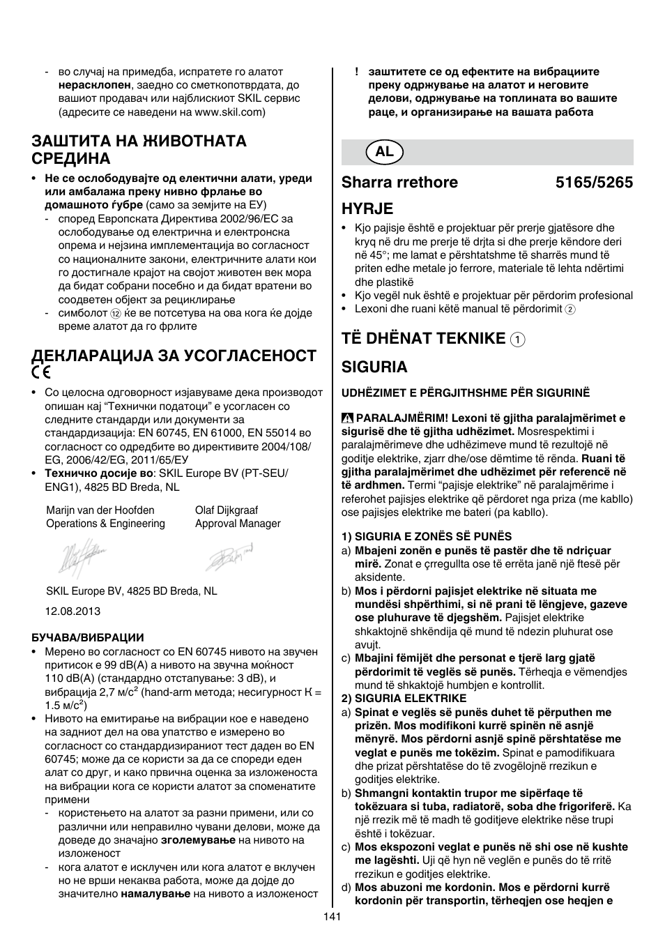 Заштита на животната средина, Декларација за усогласеност, Të dhënat teknike 1 siguria | Skil 5265 AA User Manual | Page 141 / 160
