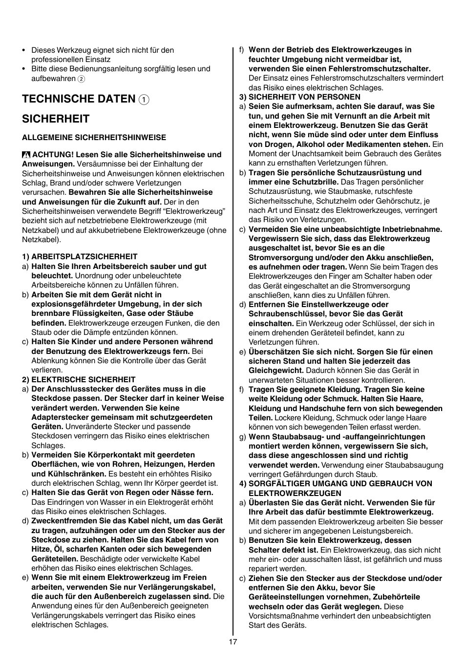 Technische daten 1 sicherheit | Skil 5265 AA User Manual | Page 17 / 160