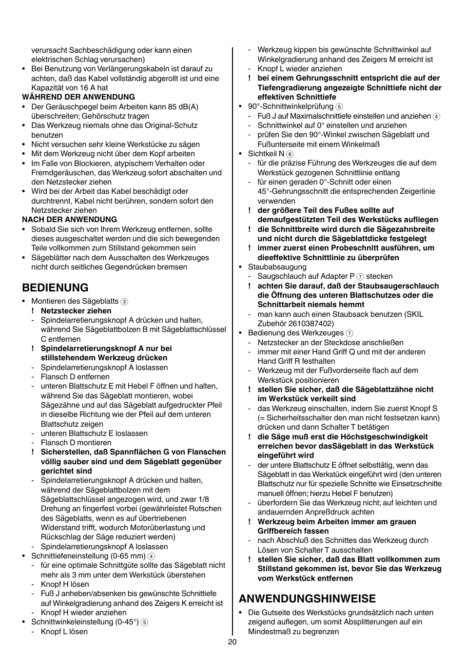 Bedienung, Anwendungshinweise | Skil 5265 AA User Manual | Page 20 / 160