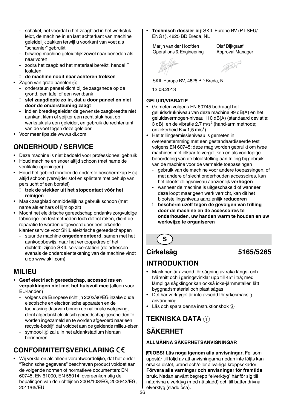 Onderhoud / service, Milieu, Conformiteitsverklaring | Tekniska data 1 säkerhet | Skil 5265 AA User Manual | Page 26 / 160