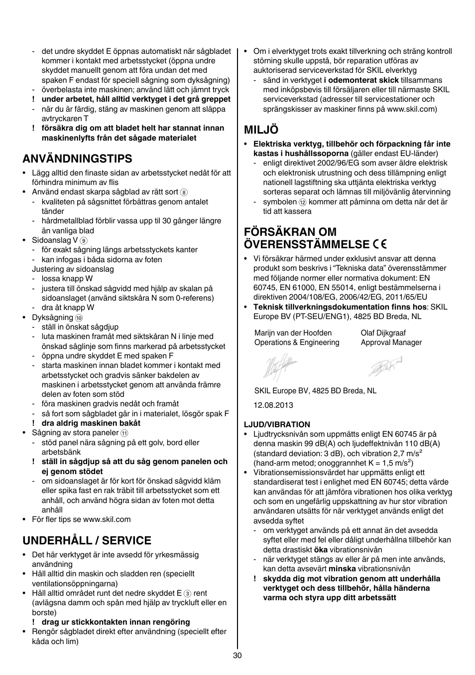 Användningstips, Underhåll / service, Miljö | Försäkran om överensstämmelse | Skil 5265 AA User Manual | Page 30 / 160