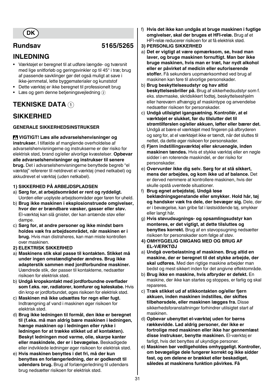 Tekniske data 1 sikkerhed | Skil 5265 AA User Manual | Page 31 / 160