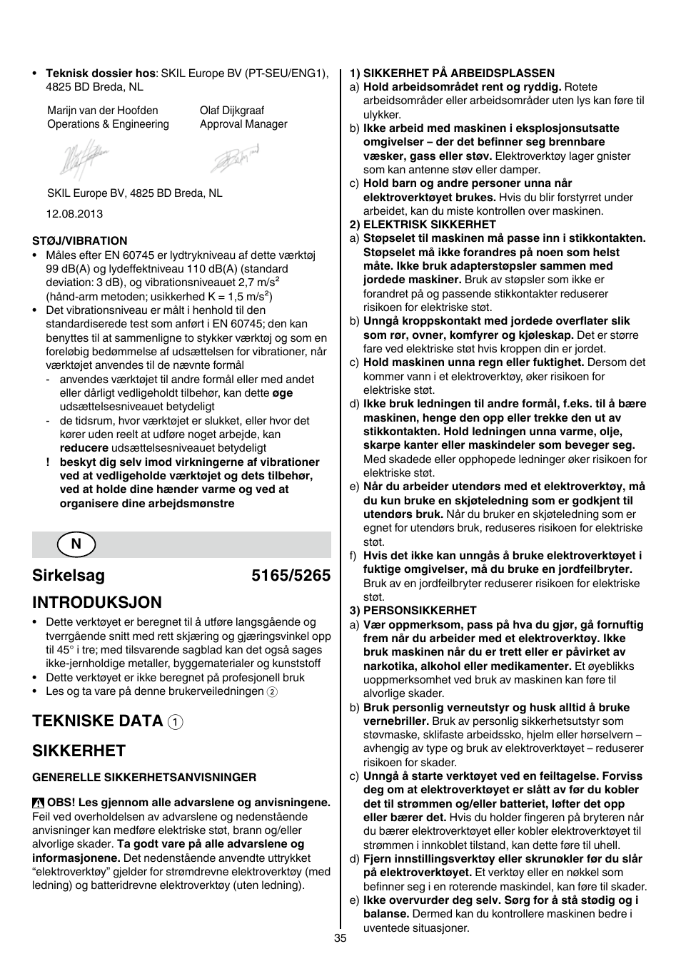 Tekniske data 1 sikkerhet | Skil 5265 AA User Manual | Page 35 / 160