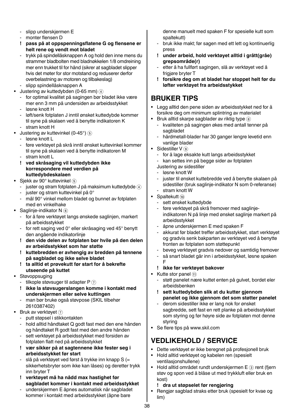 Bruker tips, Vedlikehold / service | Skil 5265 AA User Manual | Page 38 / 160
