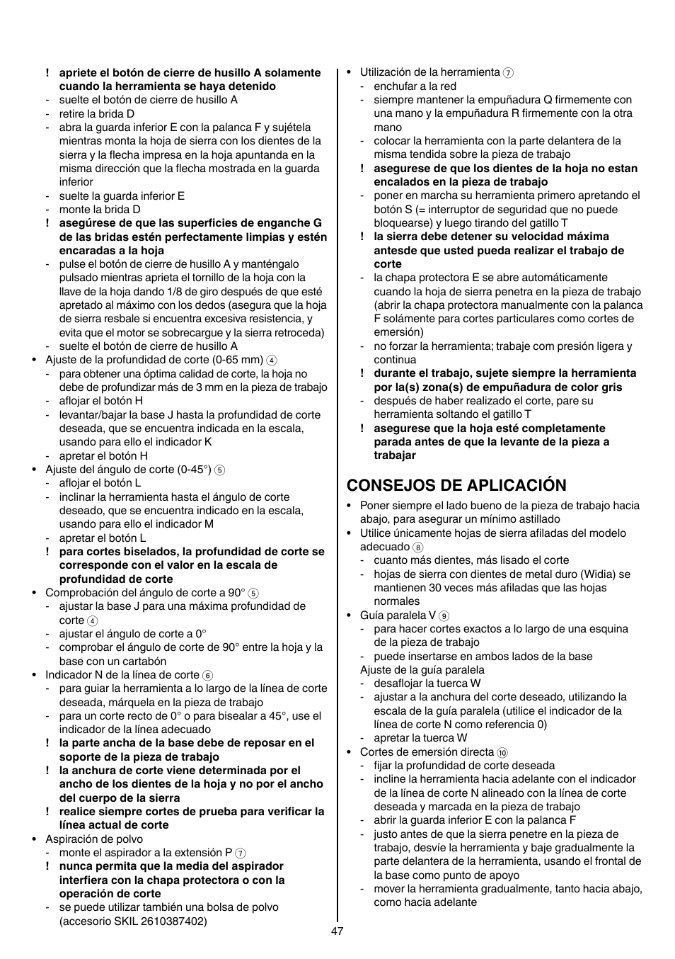 Consejos de aplicación | Skil 5265 AA User Manual | Page 47 / 160