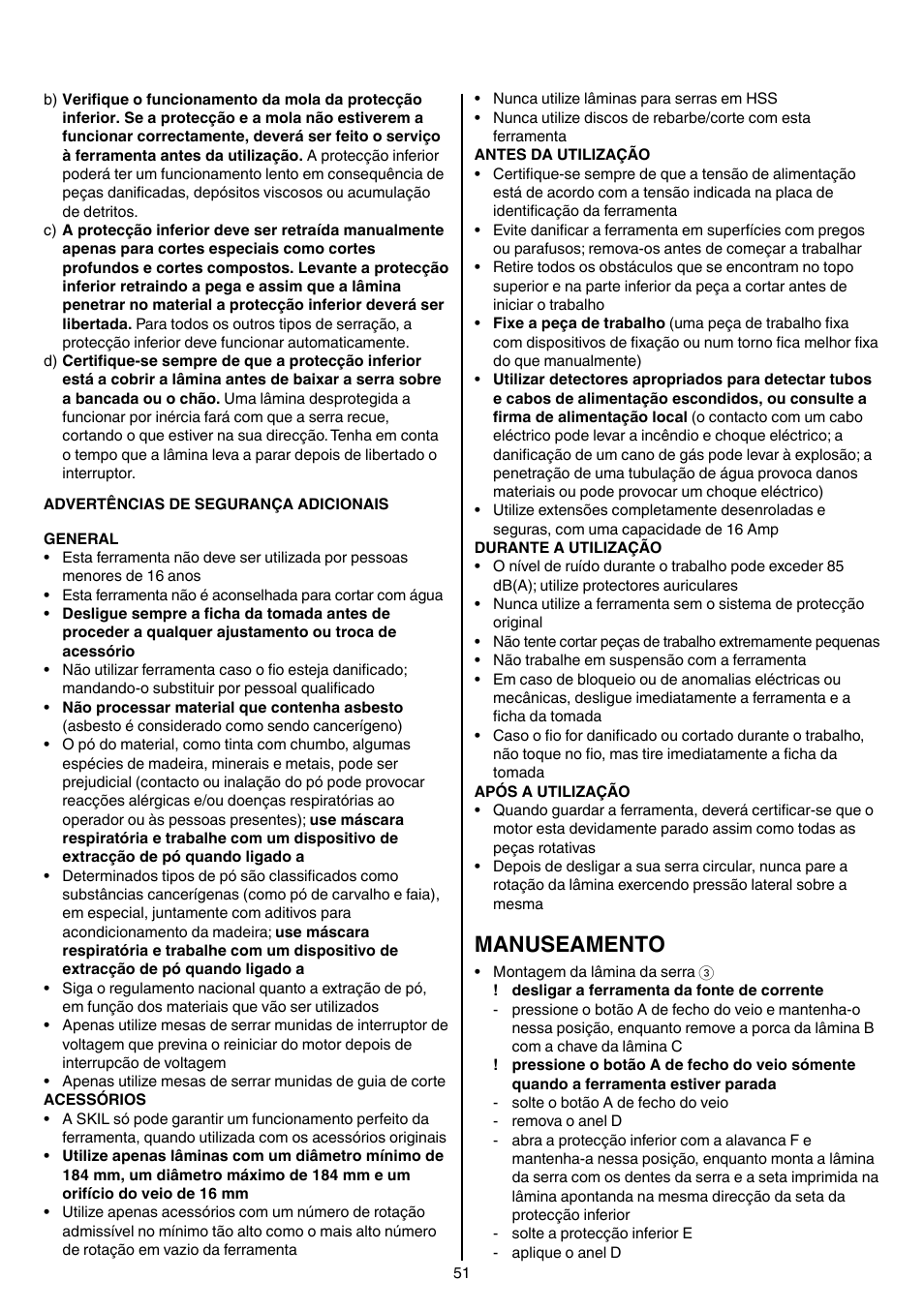 Manuseamento | Skil 5265 AA User Manual | Page 51 / 160