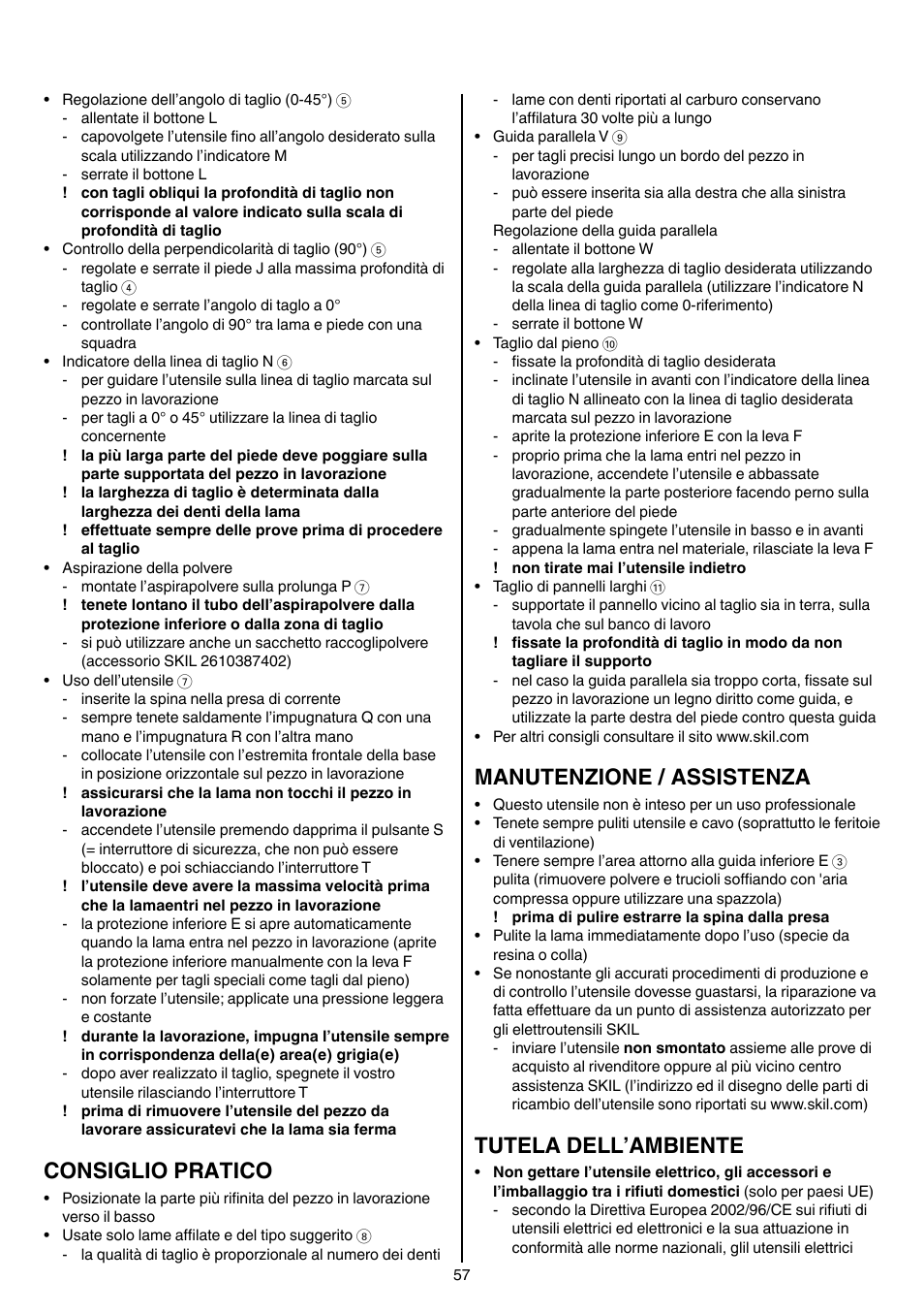 Consiglio pratico, Manutenzione / assistenza, Tutela dell’ambiente | Skil 5265 AA User Manual | Page 57 / 160