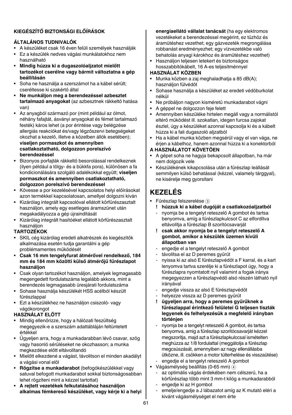 Kezelés | Skil 5265 AA User Manual | Page 61 / 160