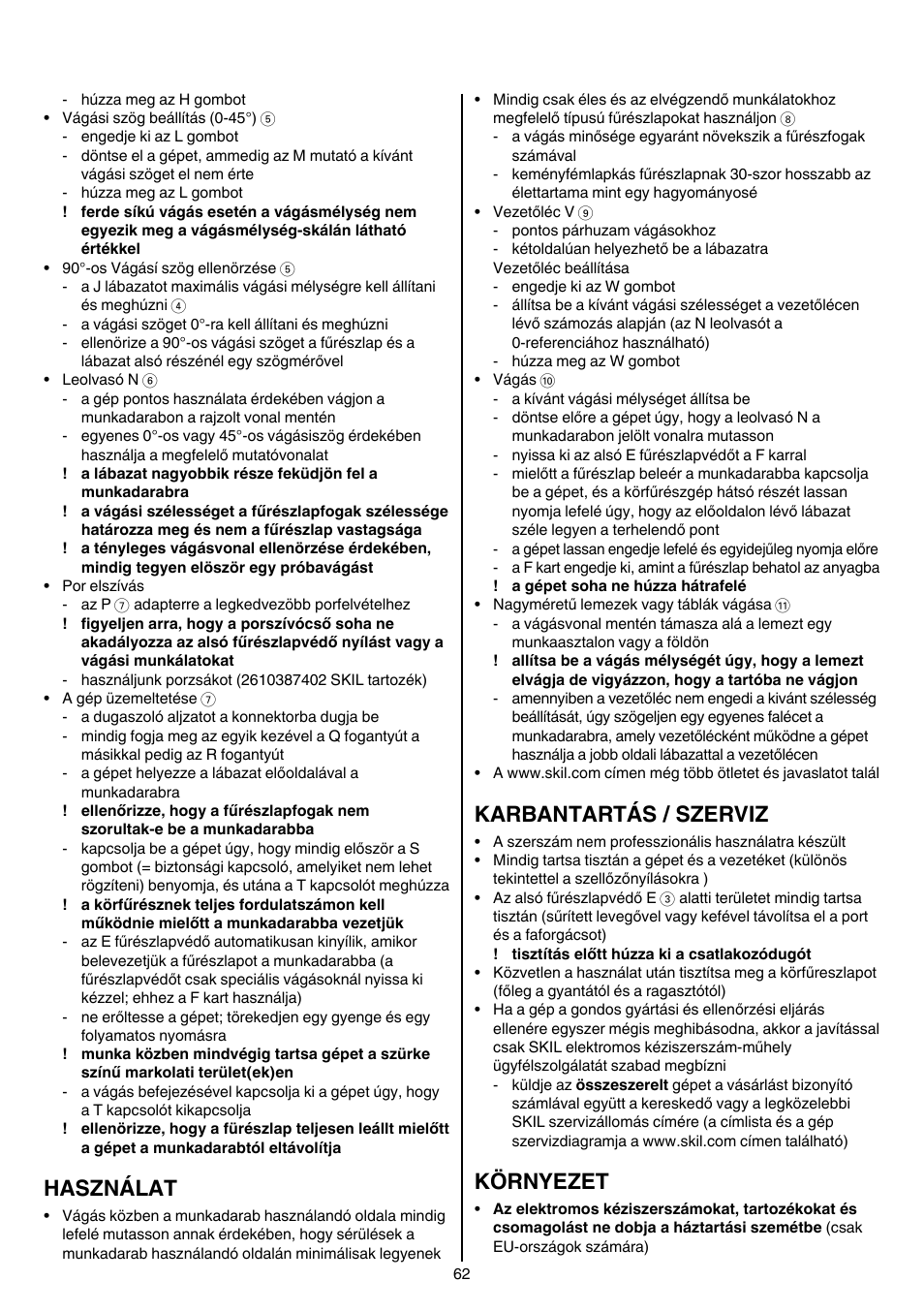 Használat, Karbantartás / szerviz, Környezet | Skil 5265 AA User Manual | Page 62 / 160