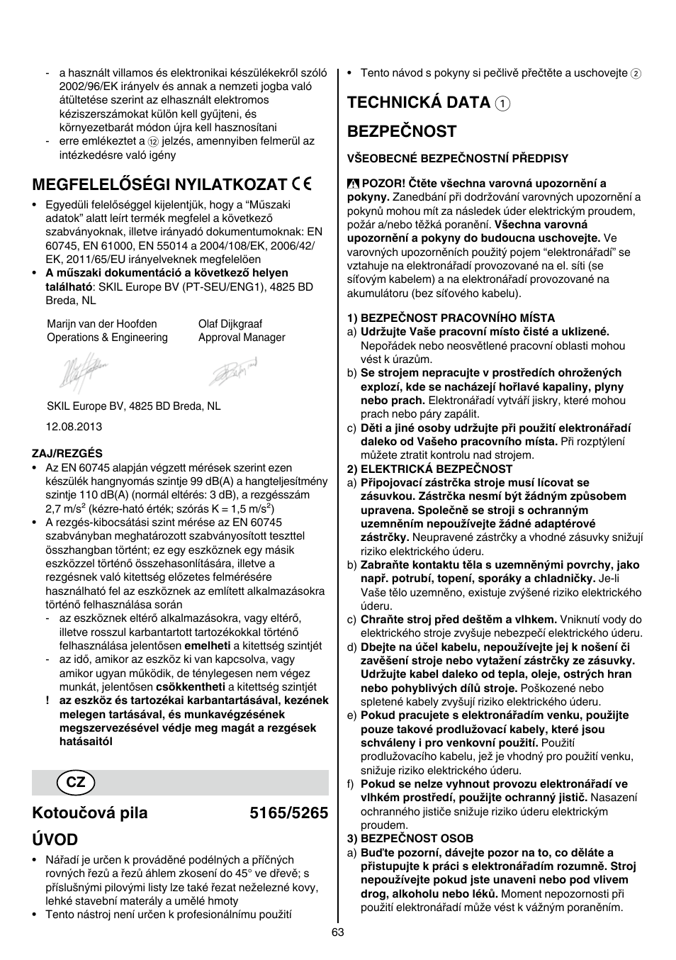 Megfelelőségi nyilatkozat, Technická data 1 bezpečnost | Skil 5265 AA User Manual | Page 63 / 160