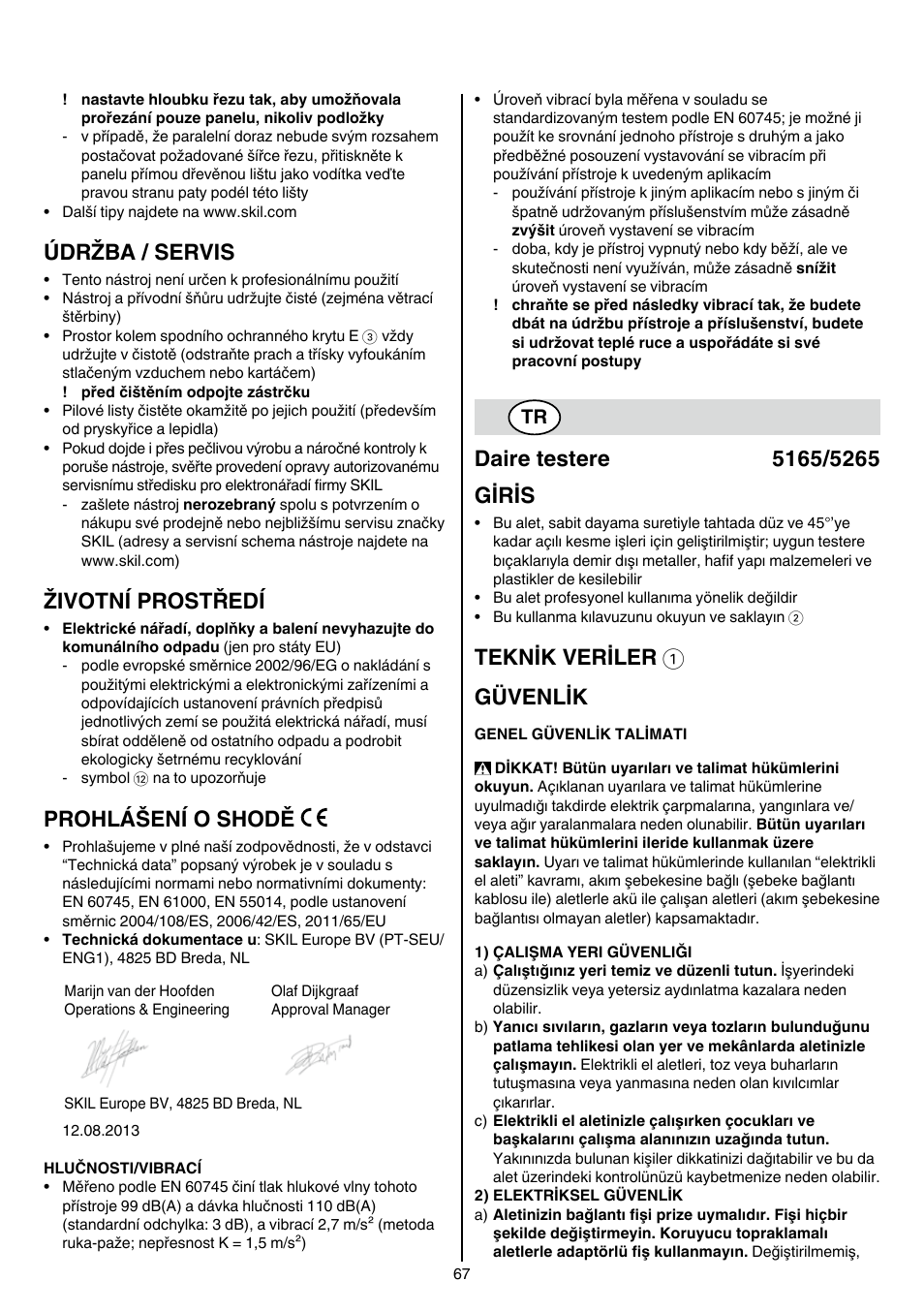 Údržba / servis, Životní prostředí, Prohlášení o shodě | Teknik veriler 1 güvenlik | Skil 5265 AA User Manual | Page 67 / 160