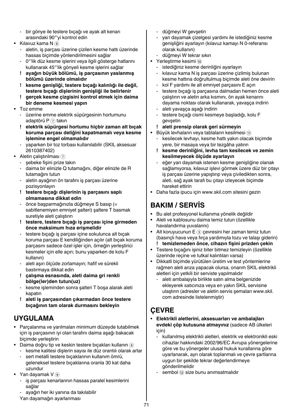 Uygulama, Bakim / servis, Çevre | Skil 5265 AA User Manual | Page 71 / 160