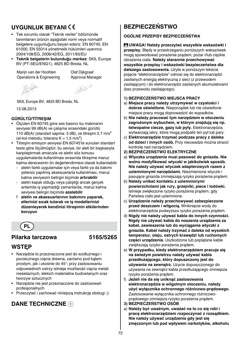 Uygunluk beyani, Dane techniczne 1 bezpieczeństwo | Skil 5265 AA User Manual | Page 72 / 160