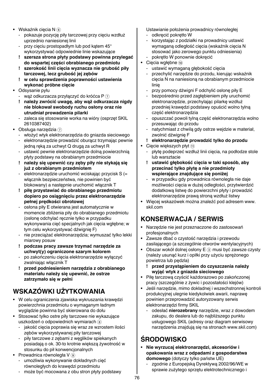 Wskazówki użytkowania, Konserwacja / serwis, Środowisko | Skil 5265 AA User Manual | Page 76 / 160