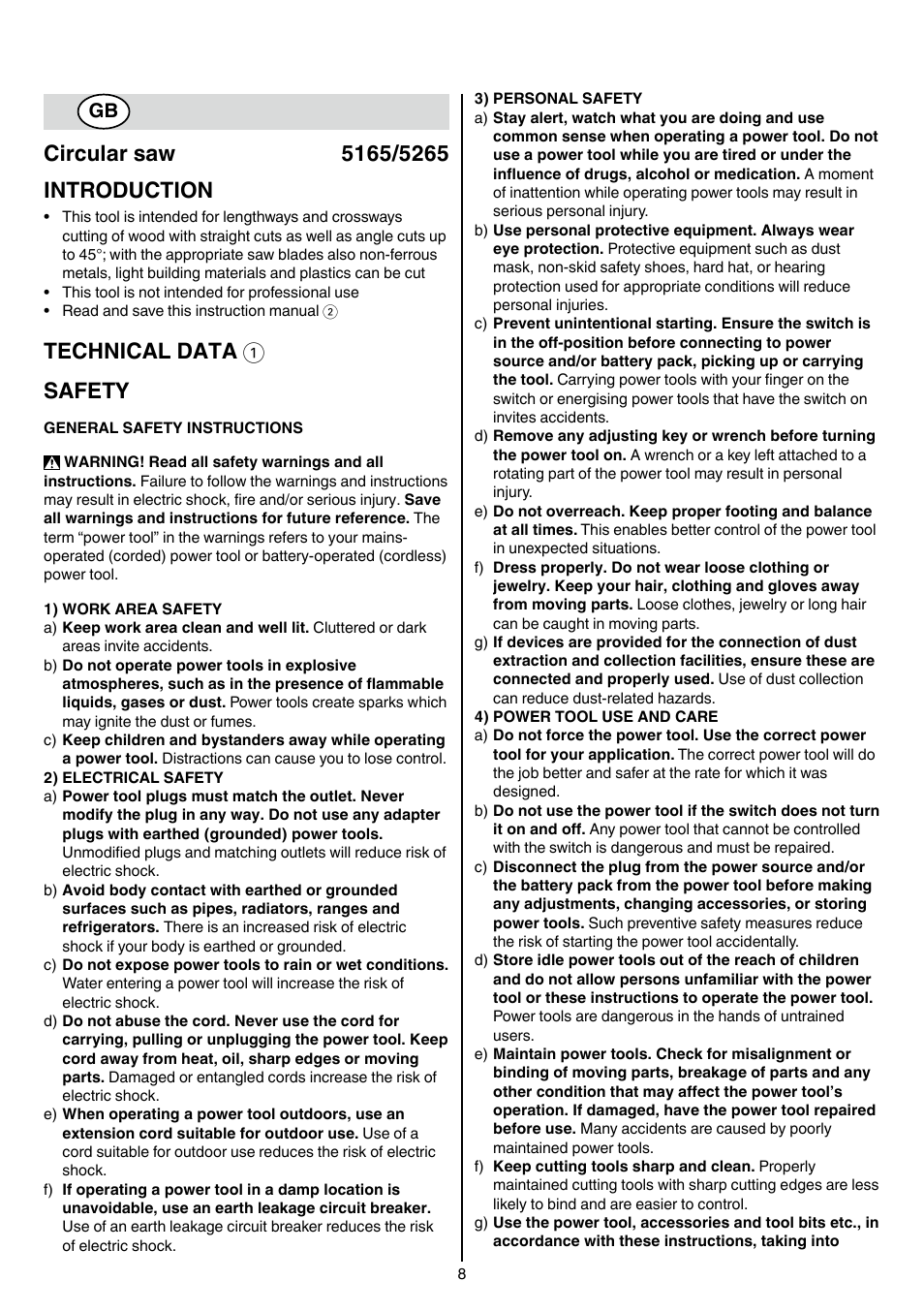 Technical data 1 safety | Skil 5265 AA User Manual | Page 8 / 160
