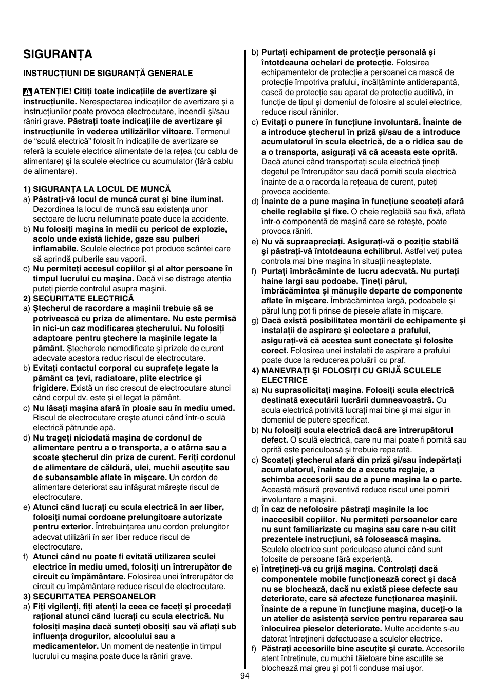 Siguranţa | Skil 5265 AA User Manual | Page 94 / 160