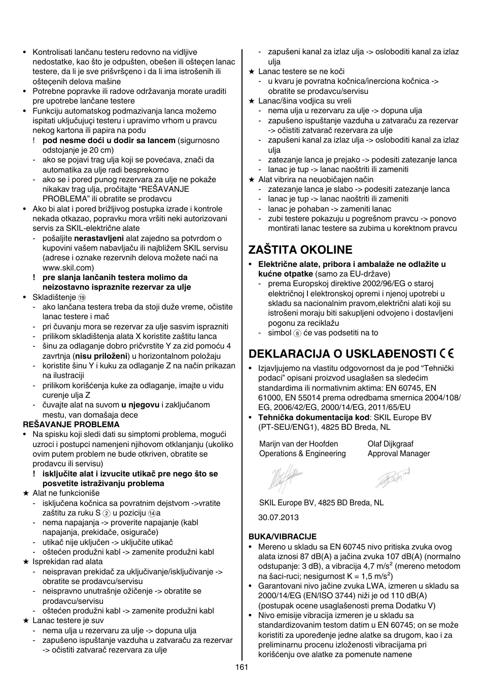 Zaštita okoline, Deklaracija o usklađenosti | Skil 0780 RT User Manual | Page 161 / 220
