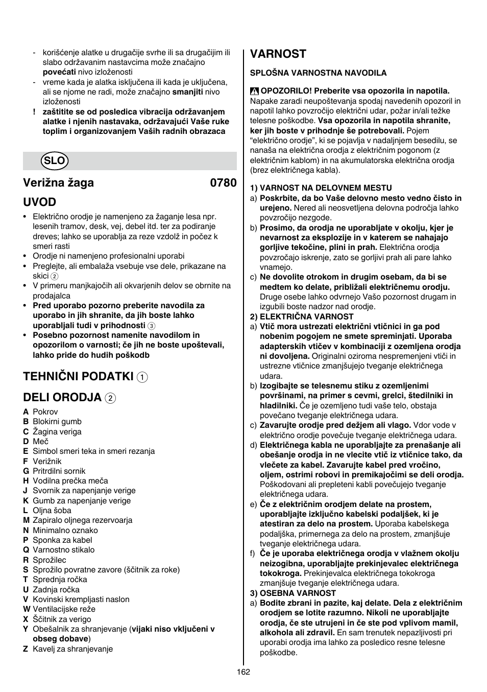 Verižna žaga 0780 uvod, Tehnični podatki 1 deli orodja 2, Varnost | Skil 0780 RT User Manual | Page 162 / 220