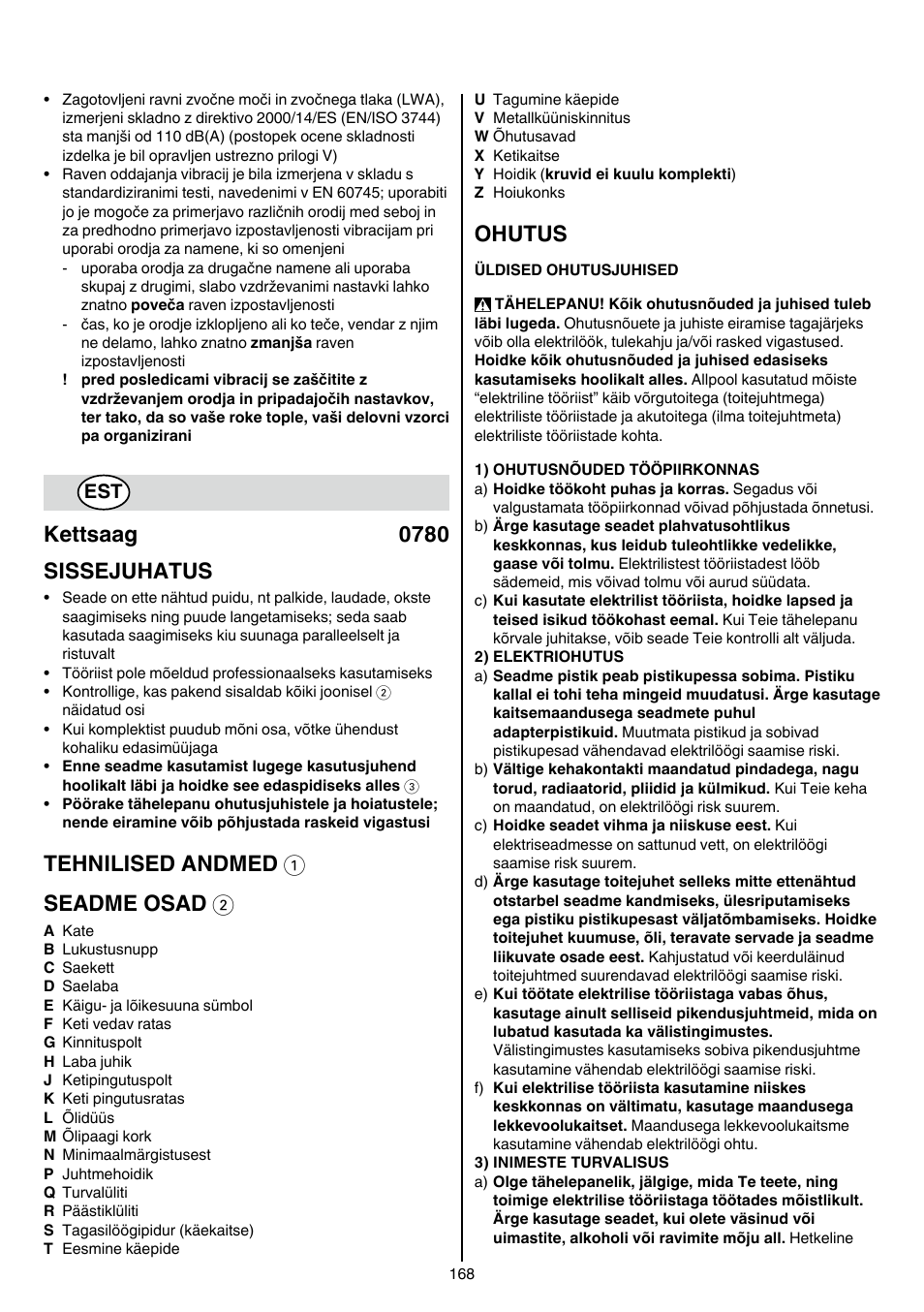 Kettsaag 0780 sissejuhatus, Tehnilised andmed 1 seadme osad 2, Ohutus | Skil 0780 RT User Manual | Page 168 / 220