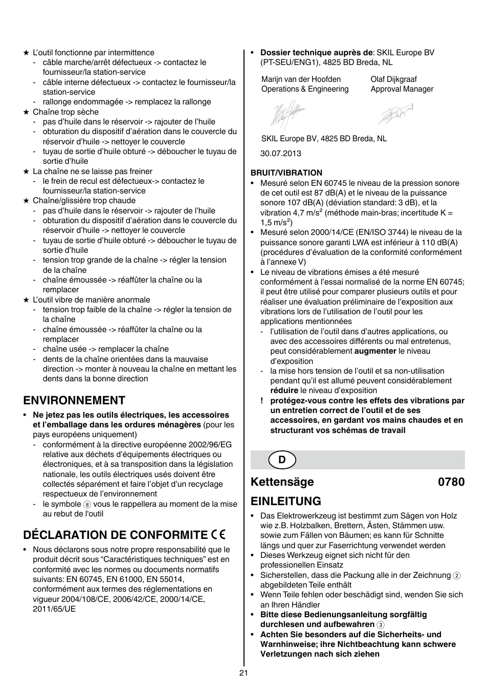 Environnement, Déclaration de conformite, Kettensäge 0780 einleitung | Skil 0780 RT User Manual | Page 21 / 220