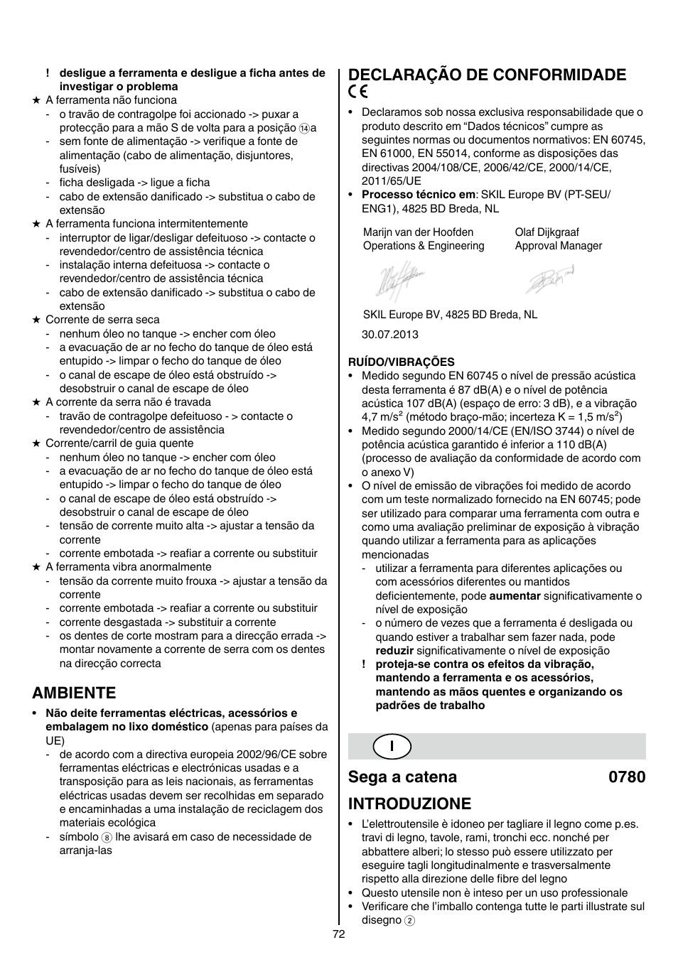 Ambiente, Declaração de conformidade, Sega a catena 0780 introduzione | Skil 0780 RT User Manual | Page 72 / 220