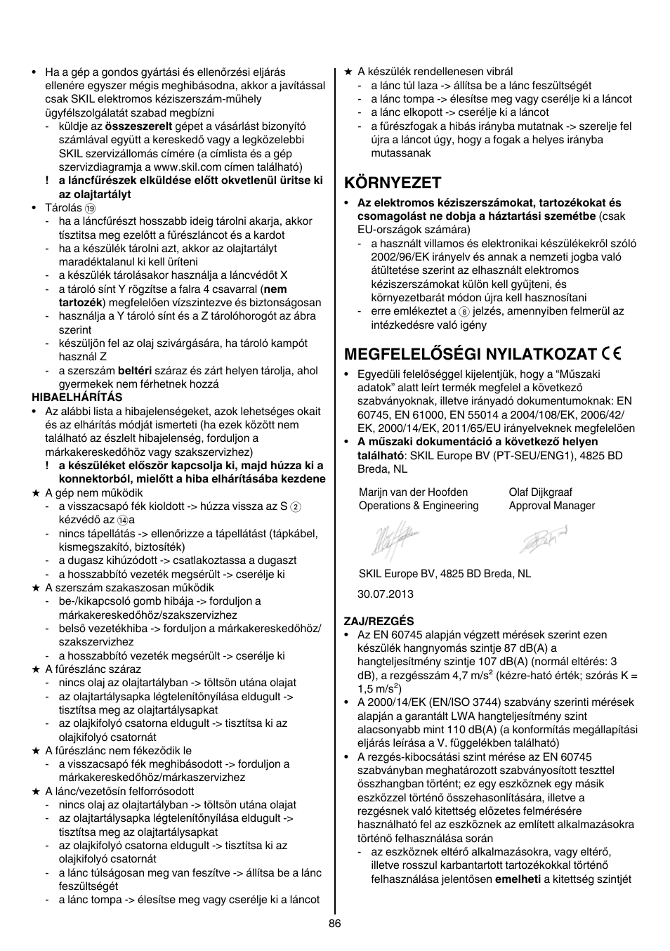 Környezet, Megfelelőségi nyilatkozat | Skil 0780 RT User Manual | Page 86 / 220