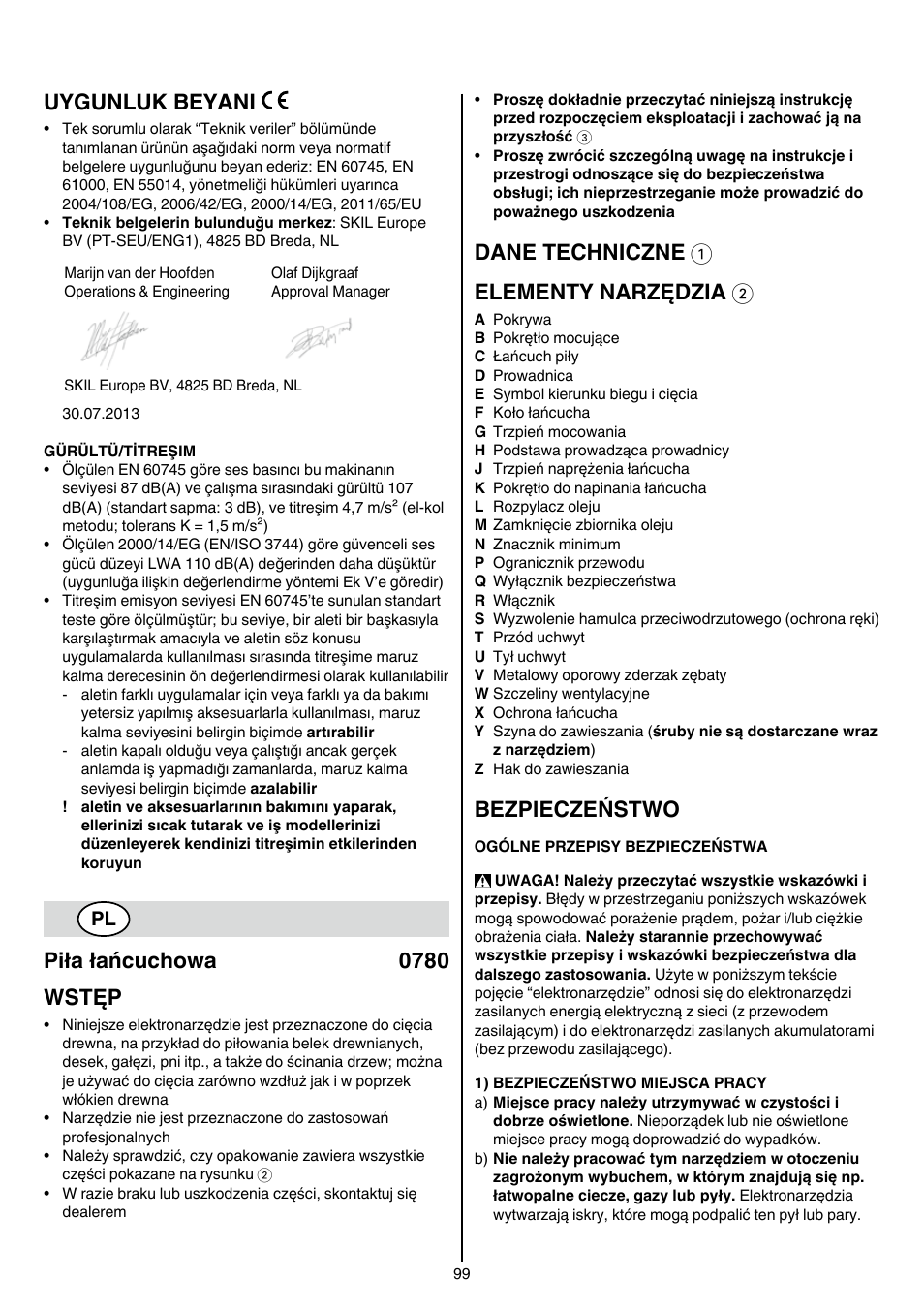 Uygunluk beyani, Piła łańcuchowa 0780 wstęp, Dane techniczne 1 elementy narzędzia 2 | Bezpieczeństwo | Skil 0780 RT User Manual | Page 99 / 220