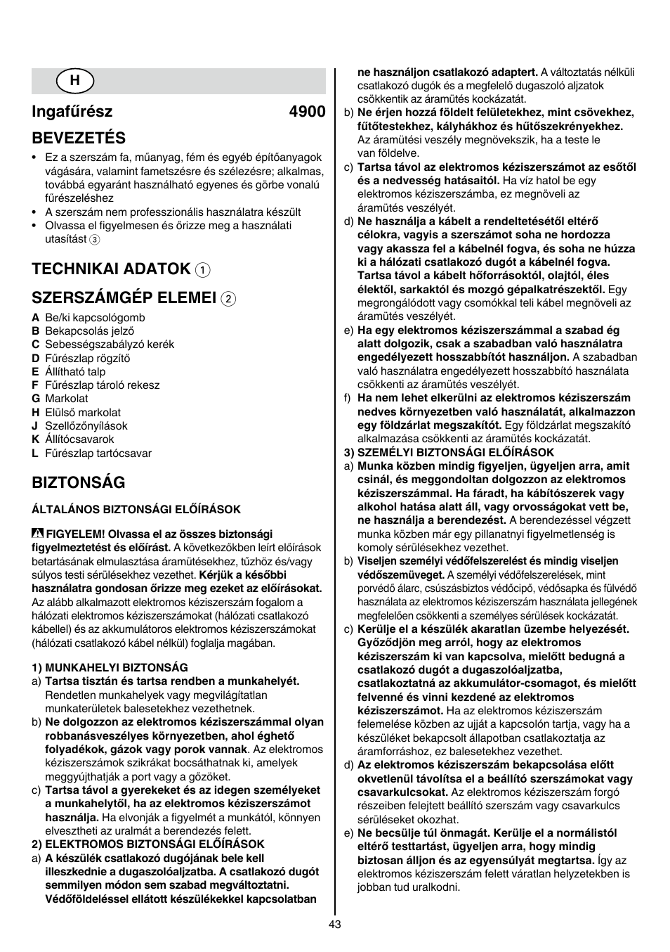 Ingafűrész 4900 bevezetés, Technikai adatok 1 szerszámgép elemei 2, Biztonság | Skil 4900 AA User Manual | Page 43 / 116