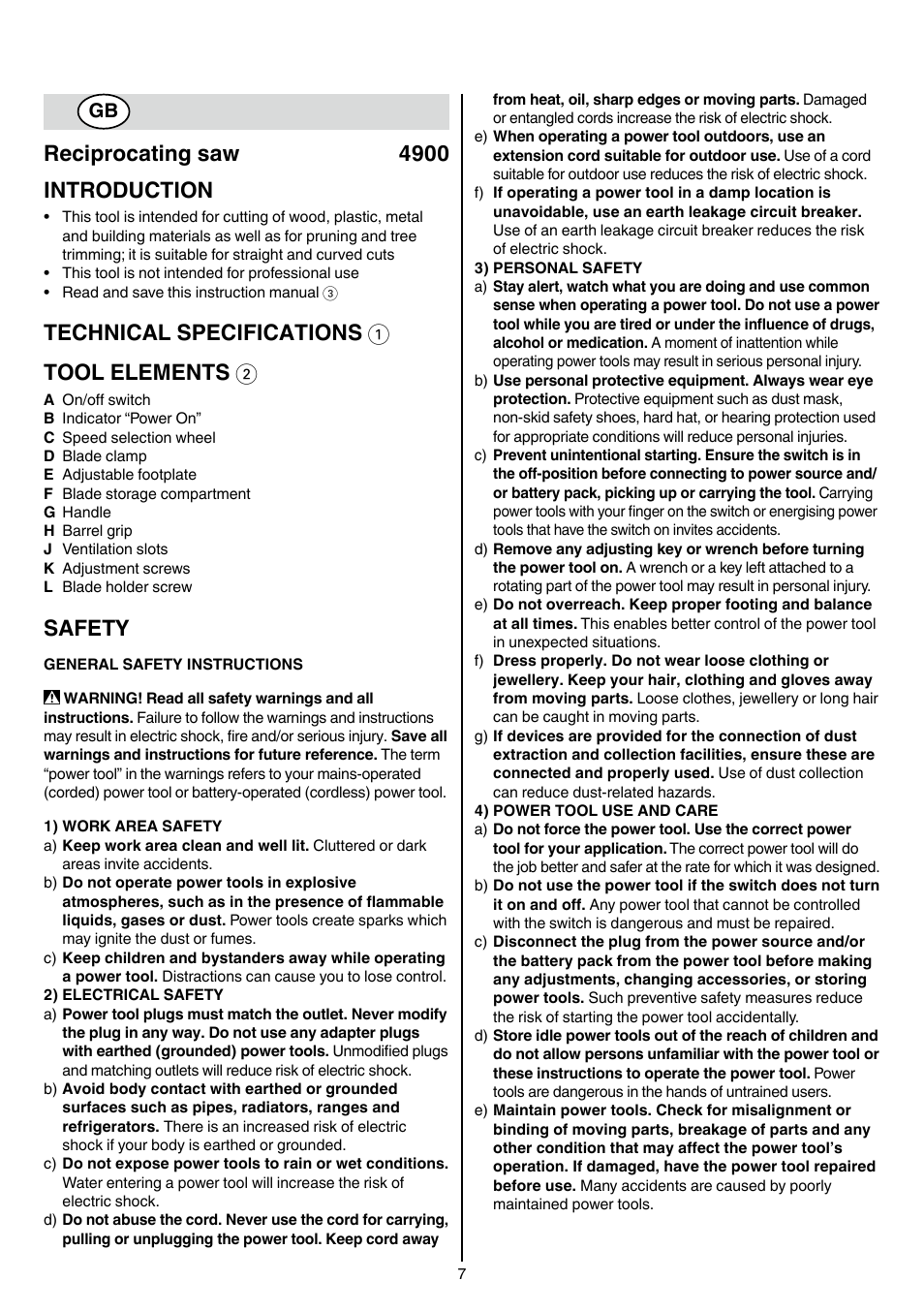 Reciprocating saw 4900 introduction, Technical specifications 1 tool elements 2, Safety | Skil 4900 AA User Manual | Page 7 / 116