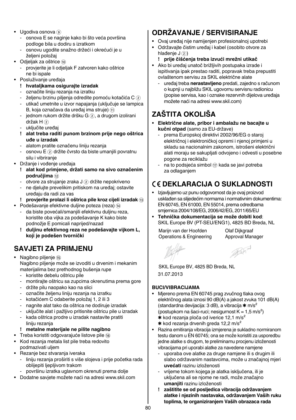 Savjeti za primjenu, Održavanje/servisiranje, Zaštita okoliša | Deklaracija o sukladnosti | Skil 4900 AA User Manual | Page 80 / 116