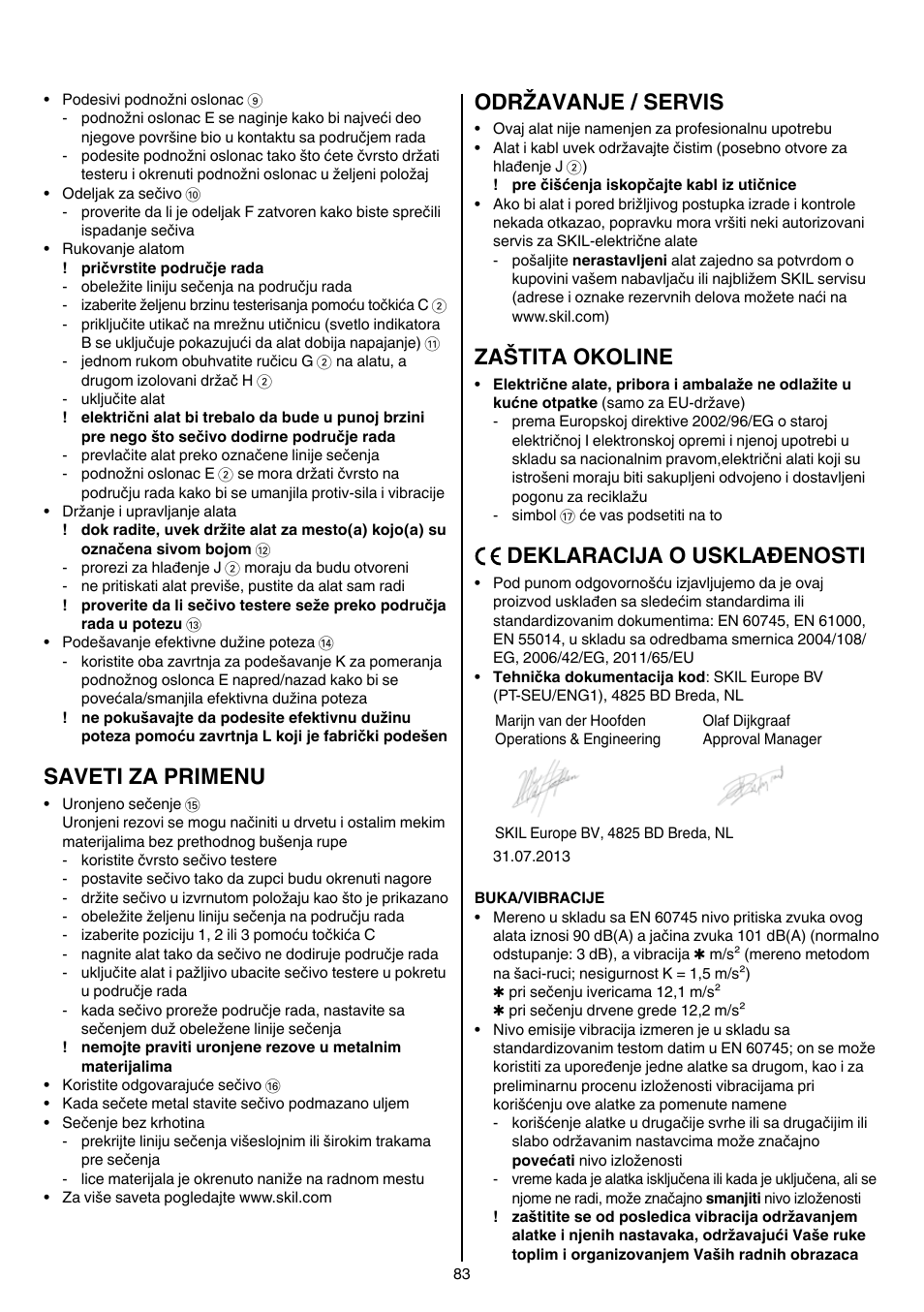 Saveti za primenu, Održavanje/servis, Zaštita okoline | Deklaracijaousklađenosti | Skil 4900 AA User Manual | Page 83 / 116