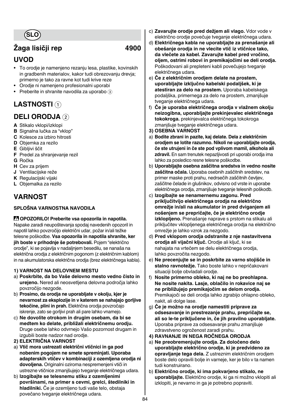 Žagalisičjirep 4900 uvod, Lastnosti 1 deli orodja 2, Varnost | Skil 4900 AA User Manual | Page 84 / 116