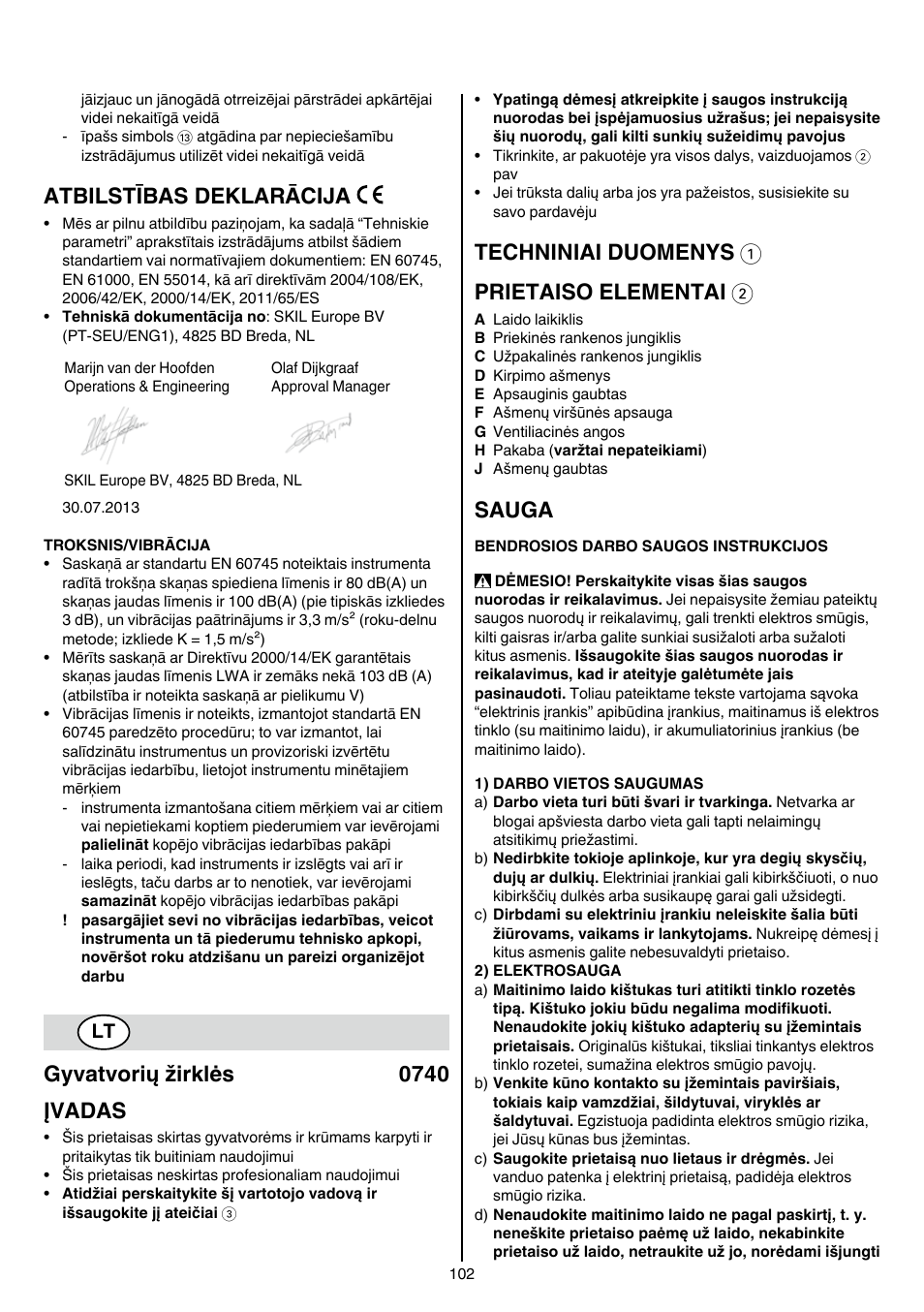 Atbilstības deklarācija, Gyvatvorių žirklės 0740 įvadas, Techniniai duomenys 1 prietaiso elementai 2 | Sauga | Skil 0740 RT User Manual | Page 102 / 124