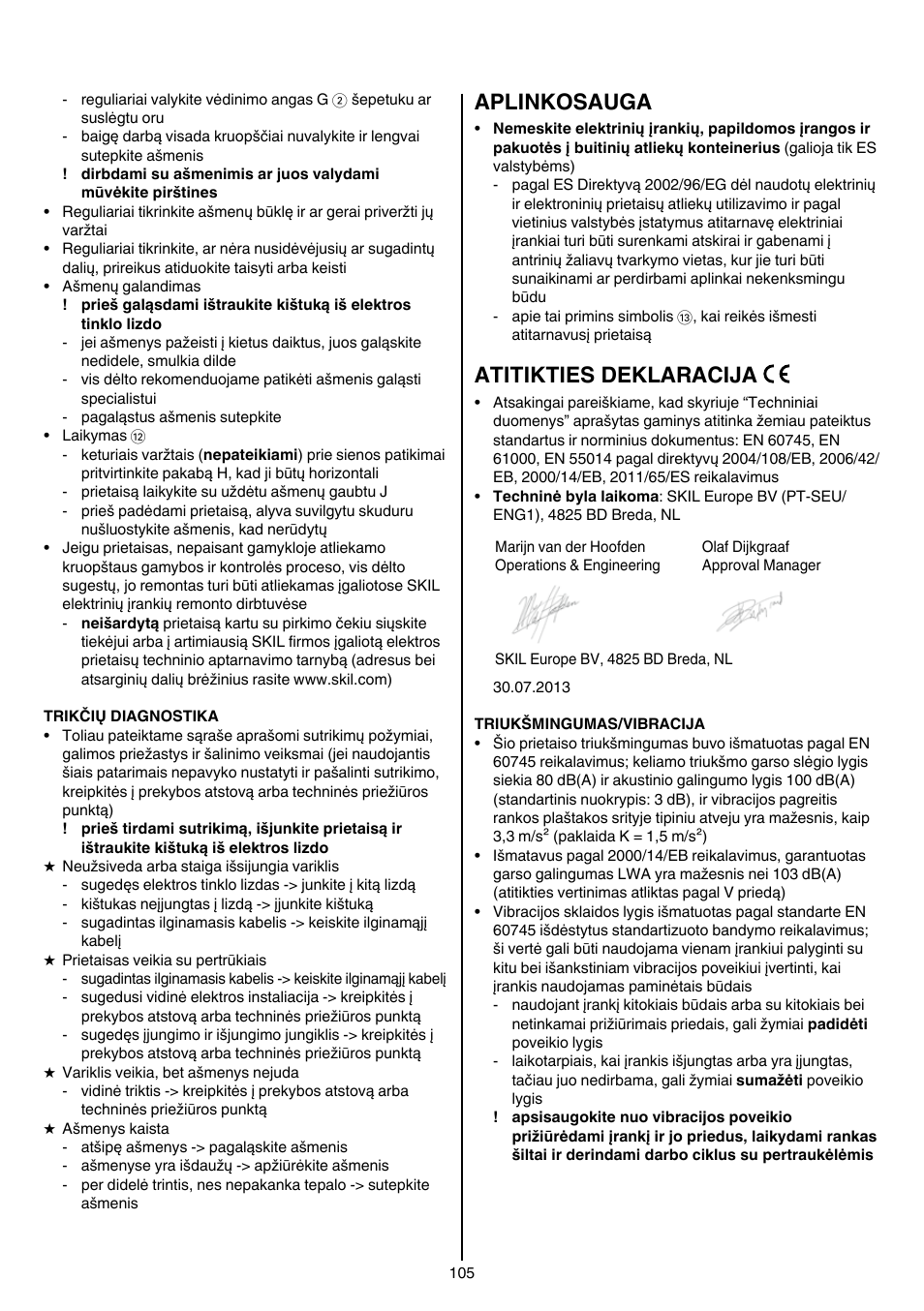 Aplinkosauga, Atitikties deklaracija | Skil 0740 RT User Manual | Page 105 / 124