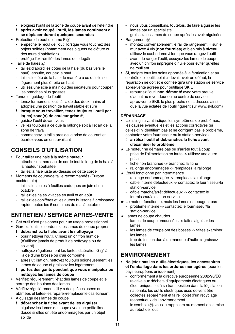 Conseils d’utilisation, Entretien / service apres-vente, Environnement | Skil 0740 RT User Manual | Page 11 / 124