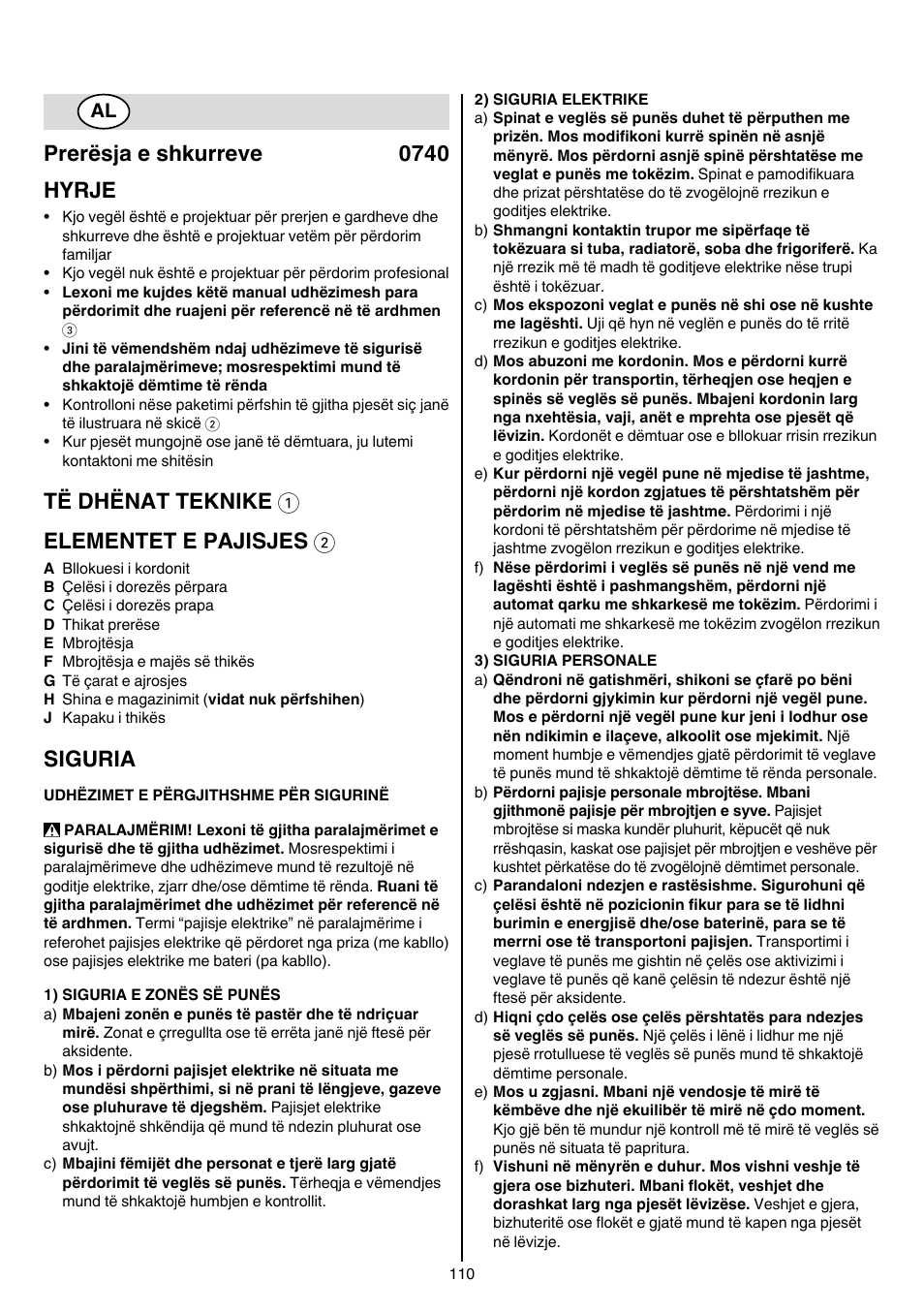 Prerësja e shkurreve 0740 hyrje, Të dhënat teknike 1 elementet e pajisjes 2, Siguria | Skil 0740 RT User Manual | Page 110 / 124