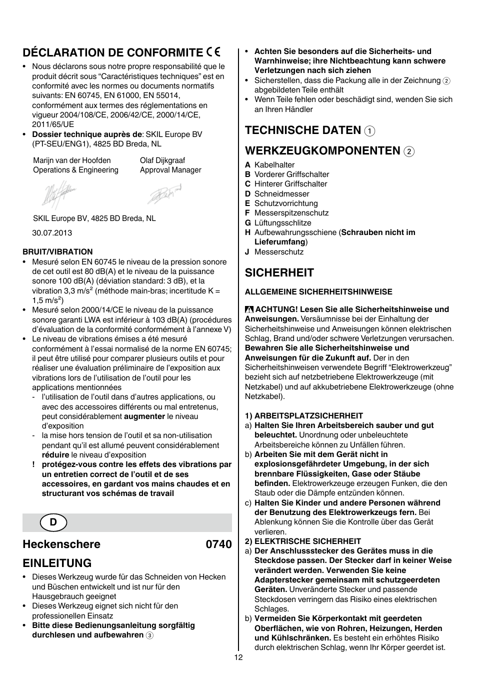 Déclaration de conformite, Heckenschere 0740 einleitung, Technische daten 1 werkzeugkomponenten 2 | Sicherheit | Skil 0740 RT User Manual | Page 12 / 124