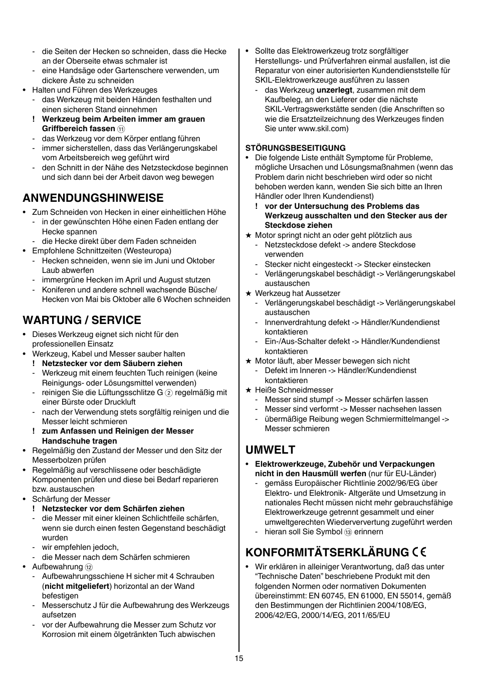 Anwendungshinweise, Wartung / service, Umwelt | Konformitätserklärung | Skil 0740 RT User Manual | Page 15 / 124