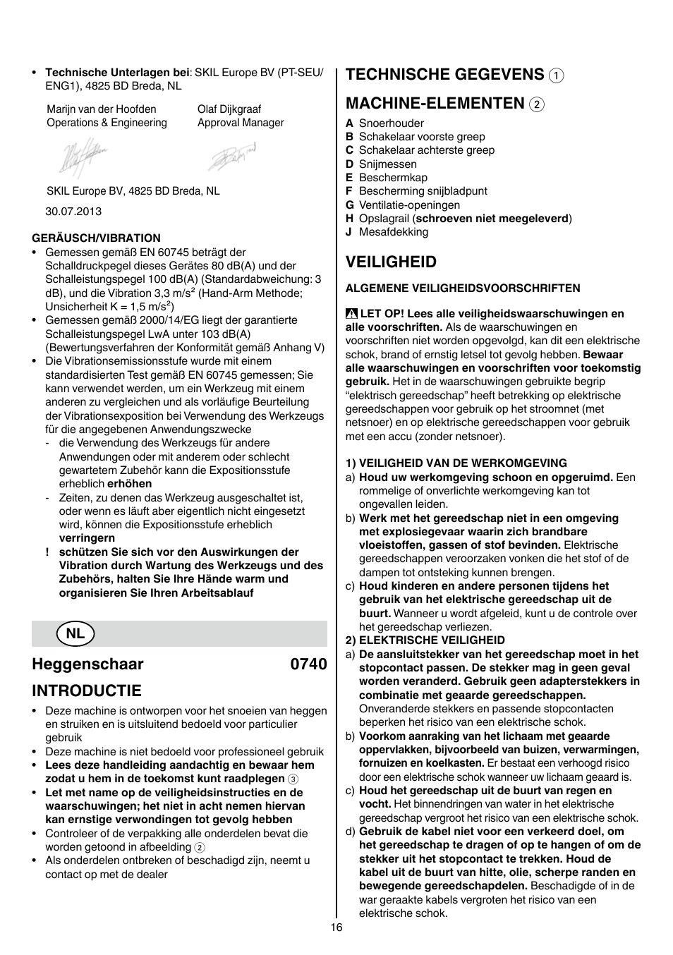 Heggenschaar 0740 introductie, Technische gegevens 1 machine-elementen 2, Veiligheid | Skil 0740 RT User Manual | Page 16 / 124