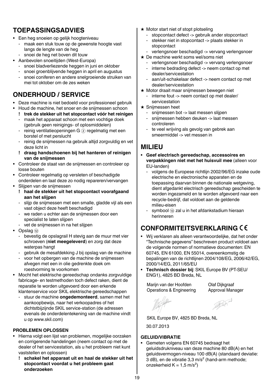 Toepassingsadvies, Onderhoud / service, Milieu | Conformiteitsverklaring | Skil 0740 RT User Manual | Page 19 / 124