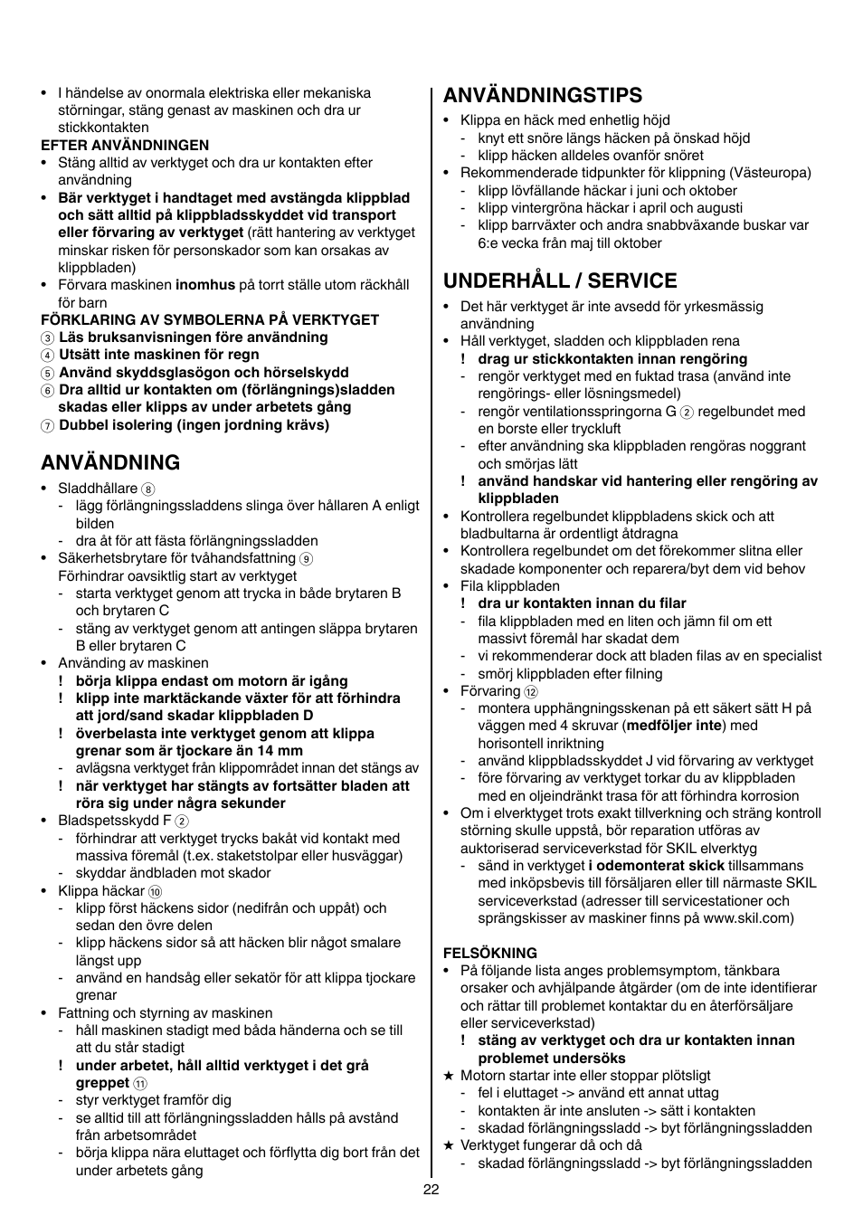 Användning, Användningstips, Underhåll / service | Skil 0740 RT User Manual | Page 22 / 124